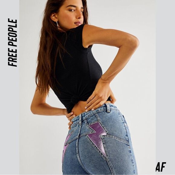 FREE PEOPLE THUNDERBIRD FLARE JEANS IN PURPLE NEW NWT - Picture 4 of 11